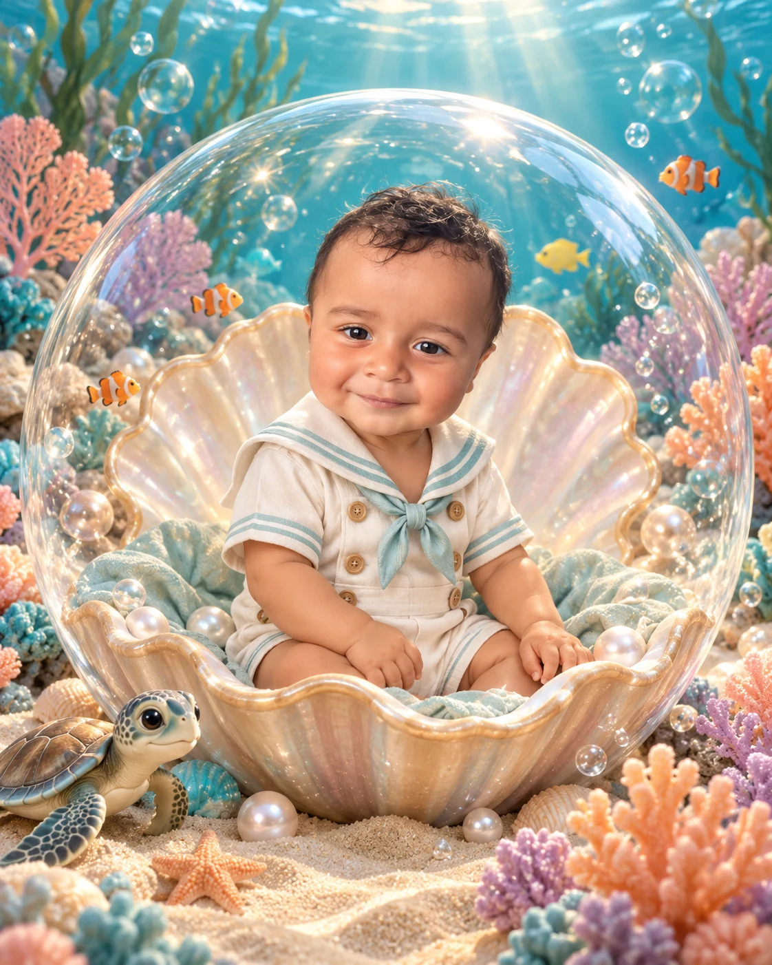 Montagem do Matteo como pequeno marinheiro em uma concha de pérola, em um jardim submarino